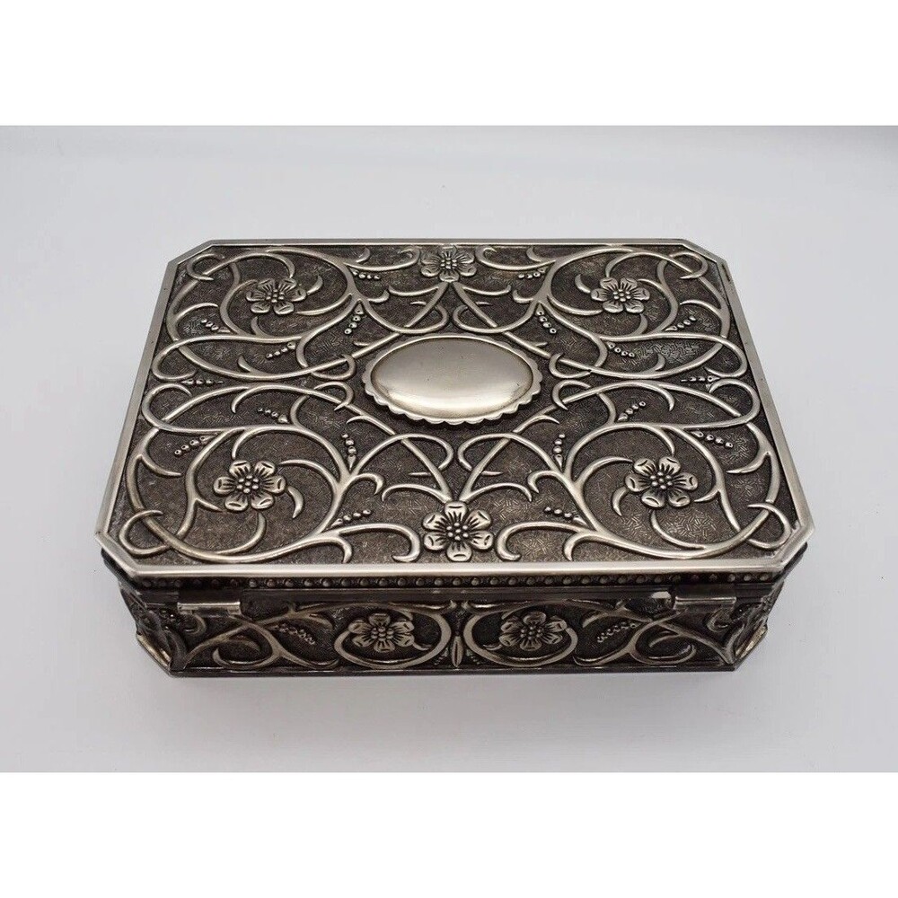 Vintage Godinger Silver Plate Floral Jewelry Trinket Box Art Nouveau 9.5β